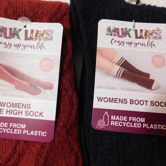 Muk Luks Knee High Socks and Boot Socks Women's Blue and Burgundy - Picture 2 of 4